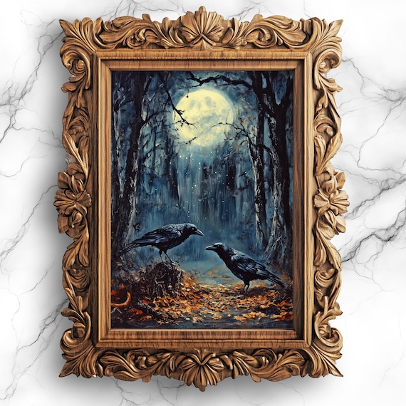 Moonlit Crows Looking For Food Gothic Art Print