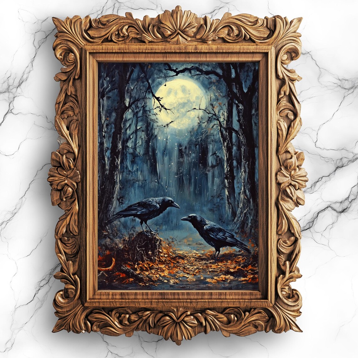 Moonlit Crows Looking For Food Gothic Art Print