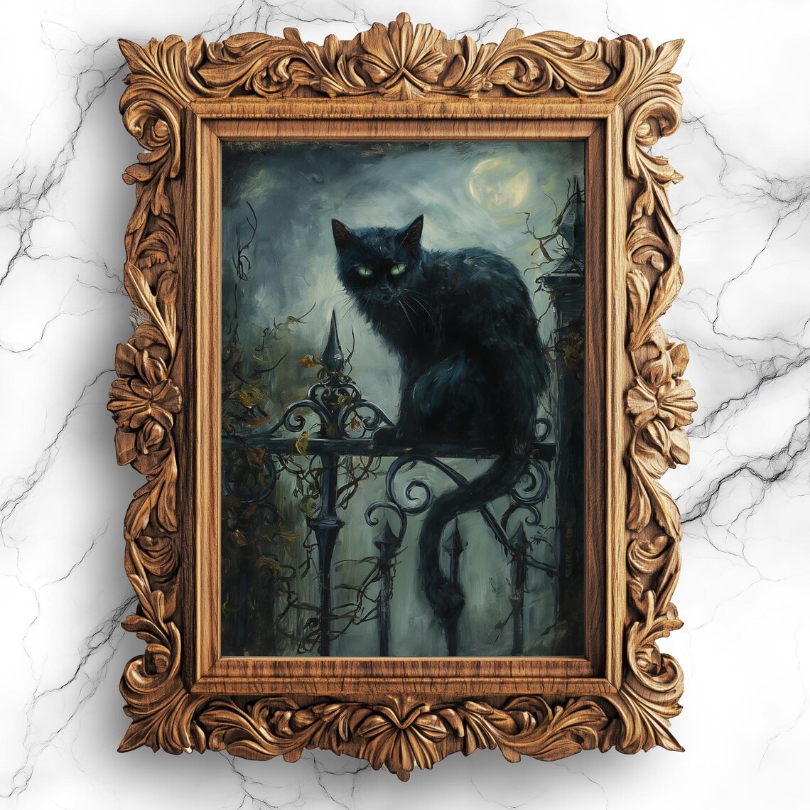 Cat Under Moonlight Oil Painting Art Print