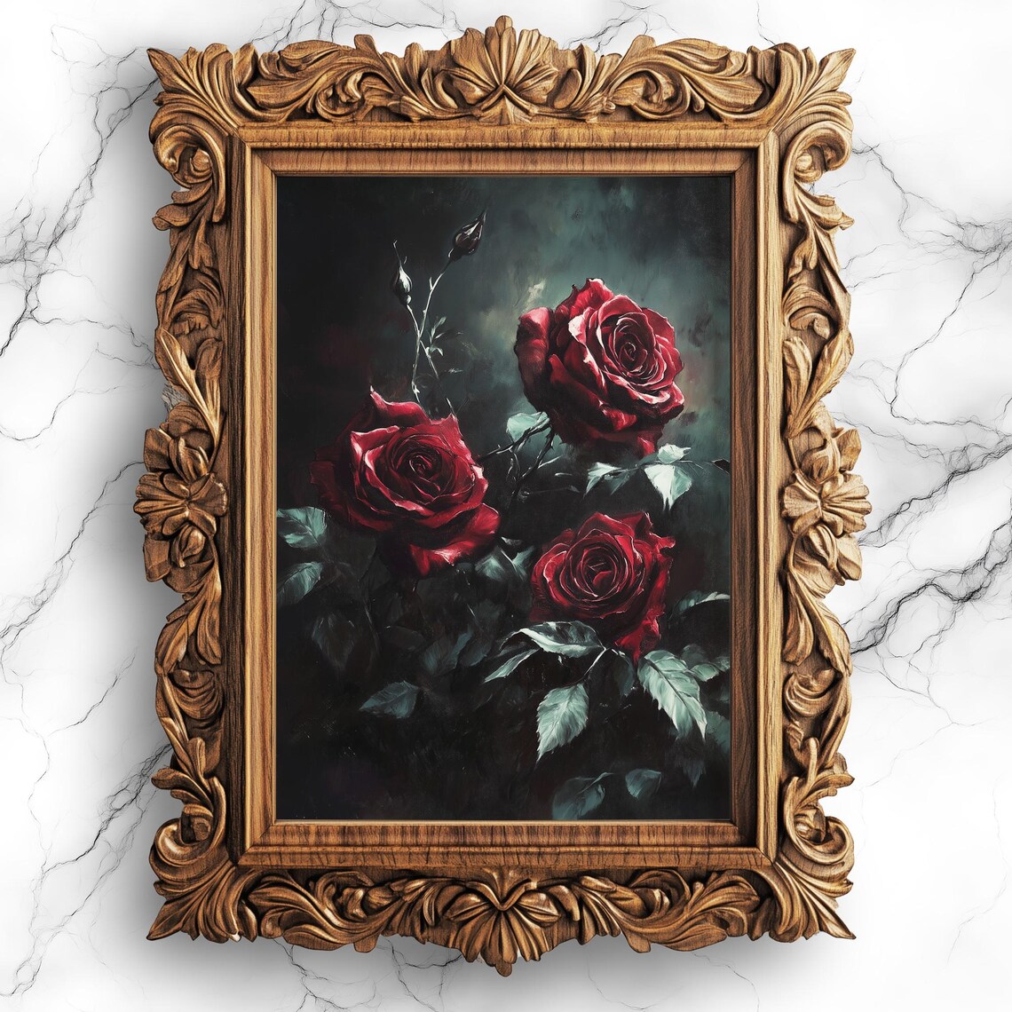 Dark Academia Red Roses in Shadow Moody Floral Oil Painting Poster