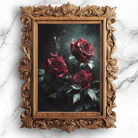 Dark Academia Red Roses in Shadow Moody Floral Oil Painting Poster