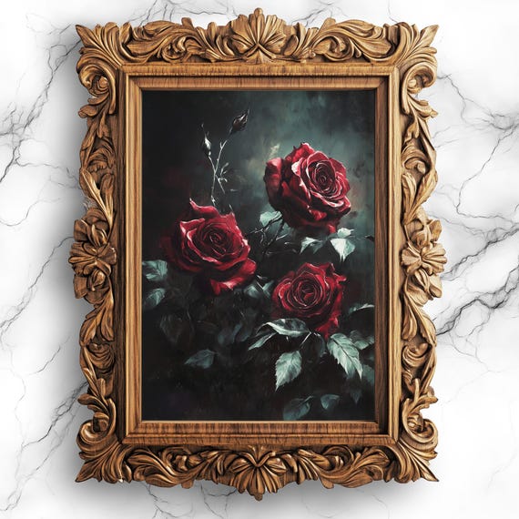 Dark Academia Rose Oil Painting Print Gothic Vintage Floral Art Antique Botanical Wall Decor Artwork Flw30