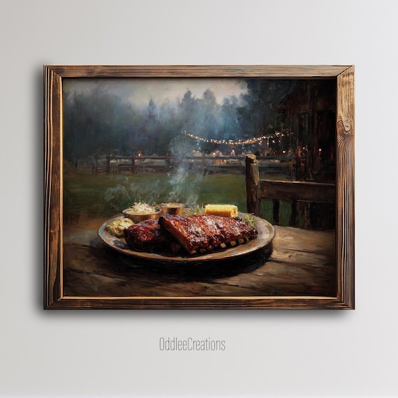 BBQ Ribs Platter Oil Painting Rustic Outdoor Picnic Evening Poster