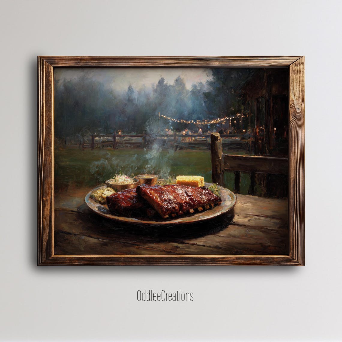 BBQ Ribs Platter Oil Painting Rustic Outdoor Picnic Evening Poster