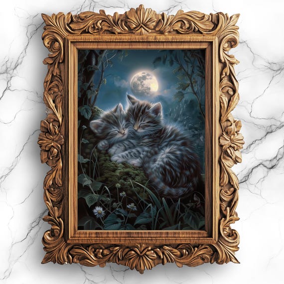 Sleeping Kittens Under Moonlight Art Print Cute Cat Poster For Nursery Or Kids Room Adorable Animal Wall Decor Ani13