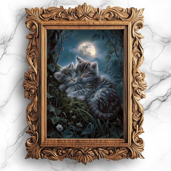 Two Kittens Sleeping Under the Moonlight Dreamy Cute Cat Art Poster