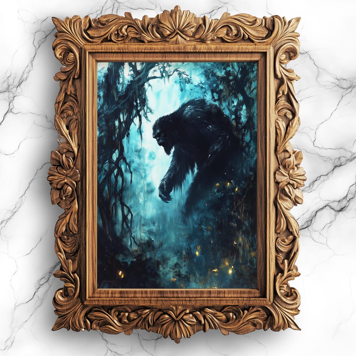 Bigfoot Sasquatch In Misty Dark Forest Gothic Oil Painting Poster