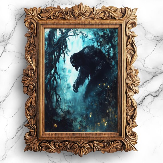 Bigfoot Sasquatch In Misty Dark Forest Gothic Oil Painting Poster