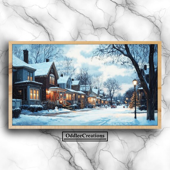 Cozy Snowy Christmas Village Street Winter Evening Scene Poster