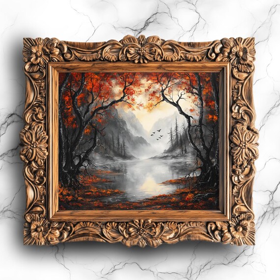 Moody Dark Academia Autumn Forest Misty Lake Gothic Oil Painting Poster