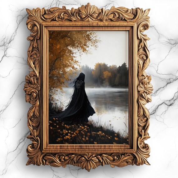 Gothic Witch by Misty Autumn Lake Oil Painting Dark Academia Poster