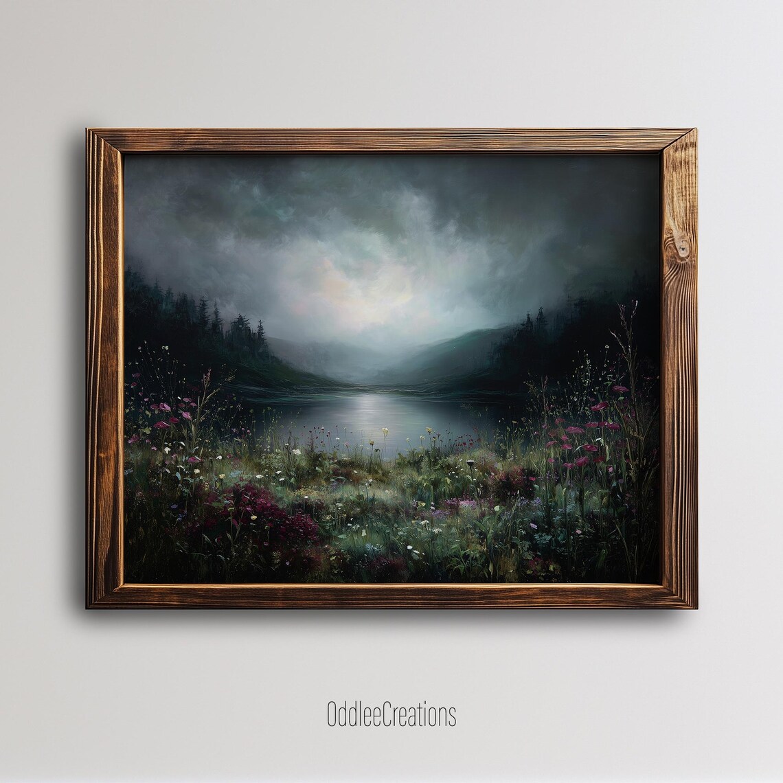 Misty Lake Wildflower Meadow Dark Moody Oil Painting Nature Poster