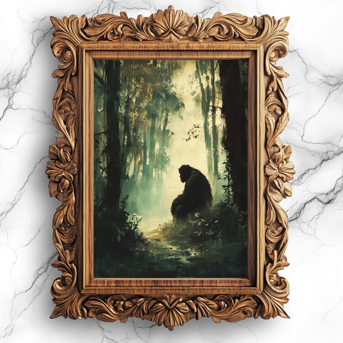 Bigfoot Dark Forest Art Print, Moody Cryptid Decor