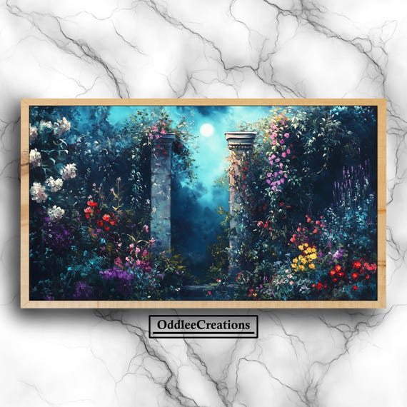 Vintage Garden In Moonlight For Frame Tv Whimsigoth Dark Academia Art Mystical Wildflowers Fog Decor Tlv10