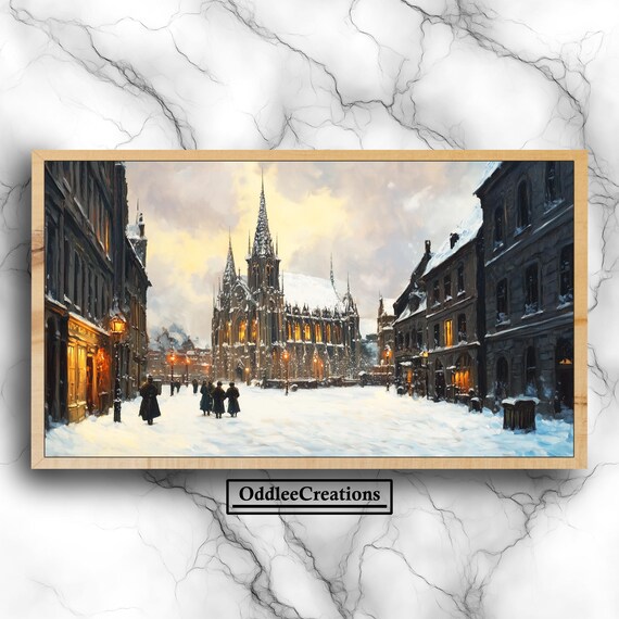 Snowy Victorian Cityscape Gothic Church Twilight Winter Art Print