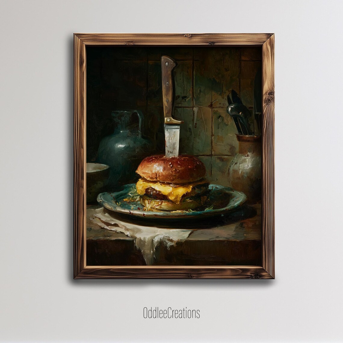 Cheeseburger Knife Art, Vintage Horror Food Print