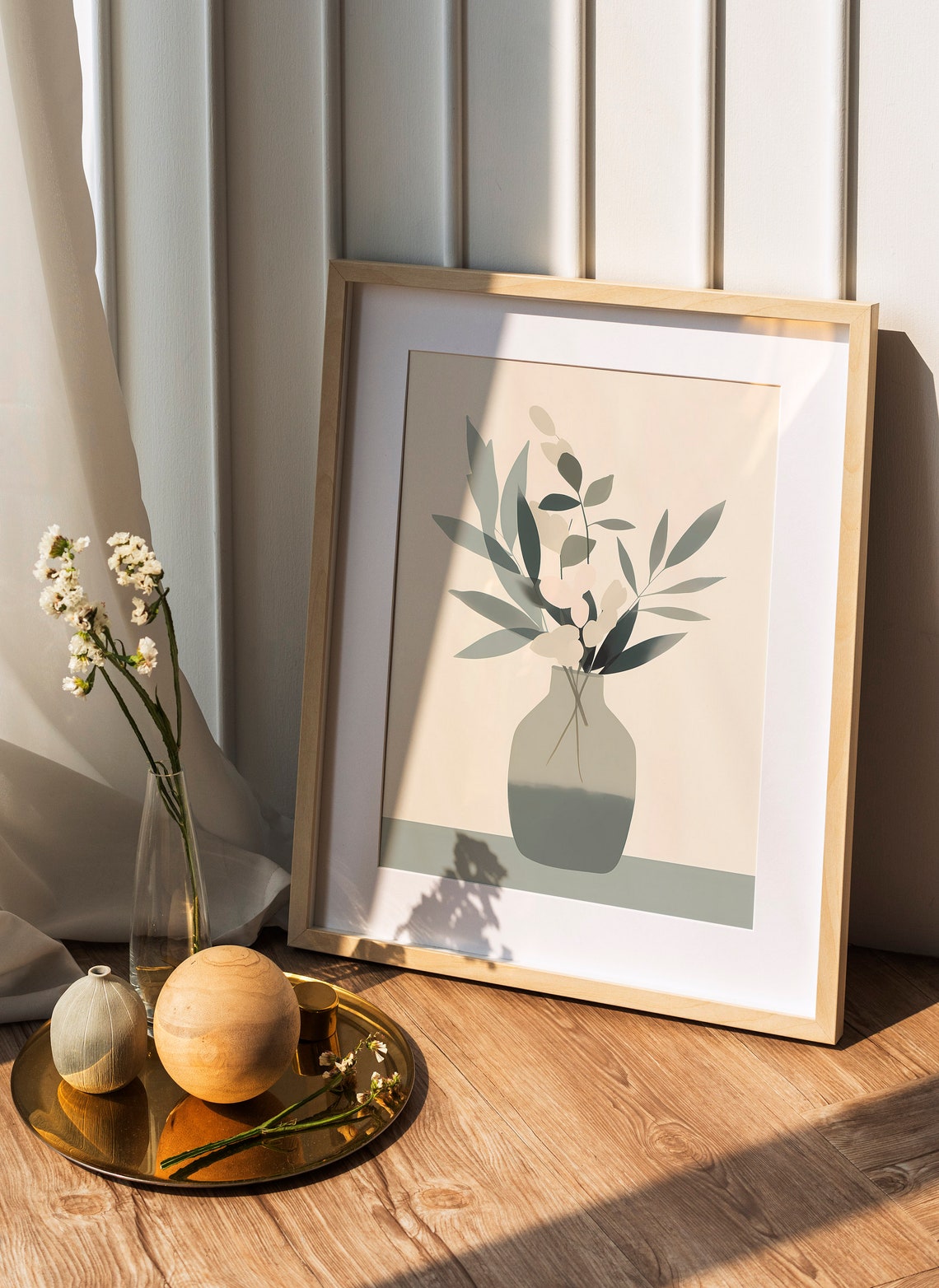 Neutral Minimalist Botanical Vase Cream Leaves Sage Tone Poster - Image 2