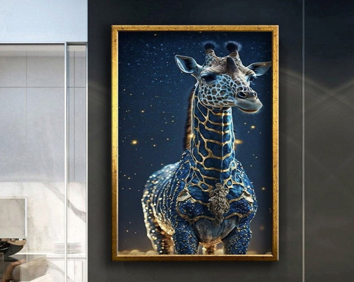 Giraffe Gold Blue Cosmic Starry Night Magical Celestial Animal Wall Poster