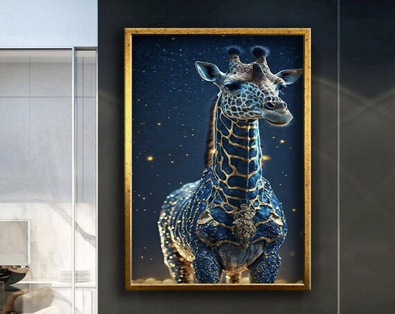 Giraffe Gold Blue Cosmic Starry Night Magical Celestial Animal Wall Poster