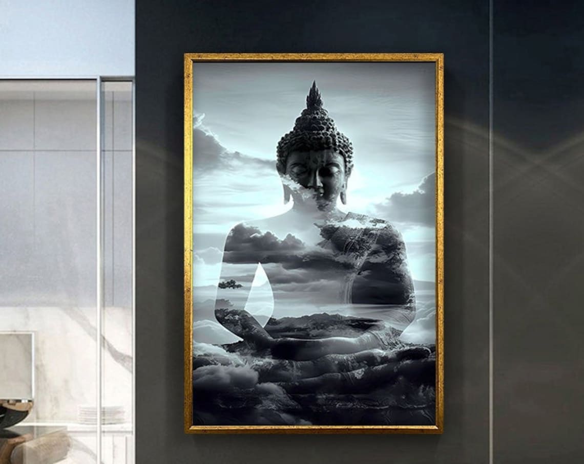 Black White Buddha Double Exposure Clouds Mountain Landscape Zen Poster