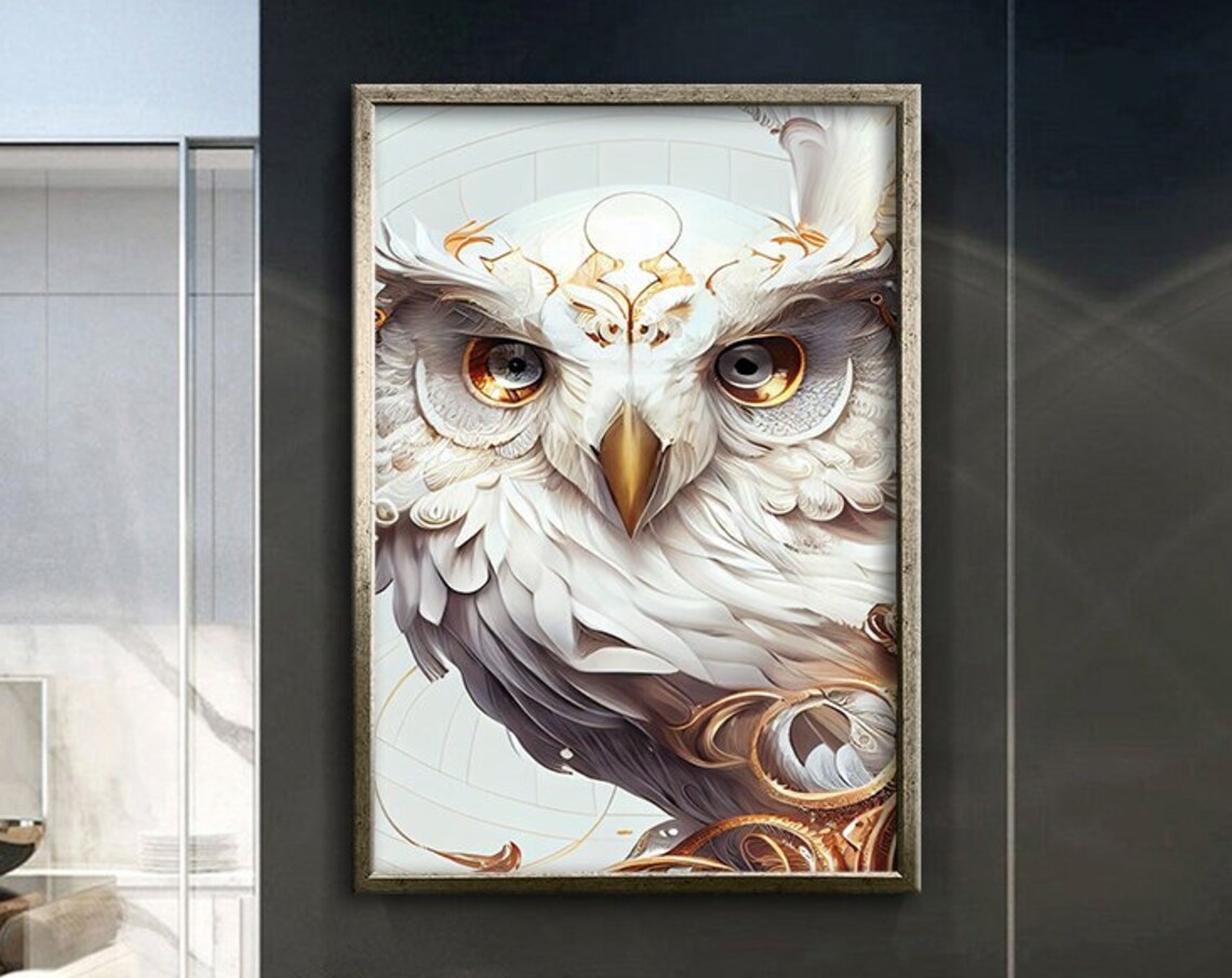 White Owl Golden Detail Majestic Close Up Bird Wall Art Poster
