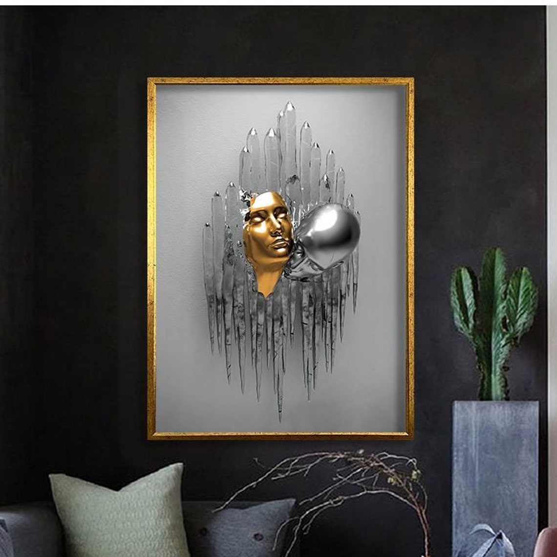 Golden Silver Couple Kissing 3D Statue Abstract Modern Love Art Poster
