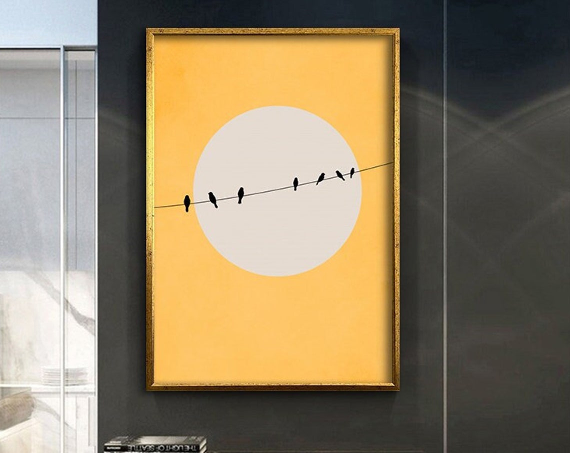 Minimalist Birds On Wire Orange Sun Modern Silhouette Poster