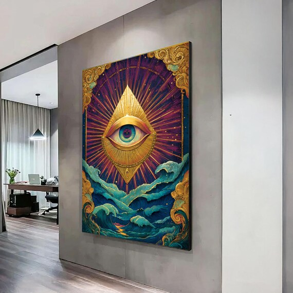 Golden All Seeing Eye Over Ocean Waves Cosmic Spiritual Wall Art