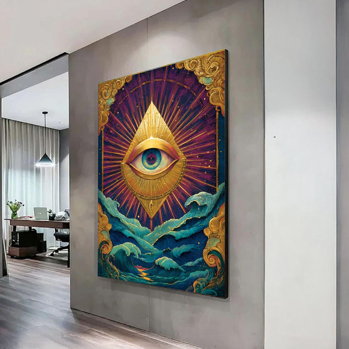 Golden All Seeing Eye Over Ocean Waves Cosmic Spiritual Wall Art