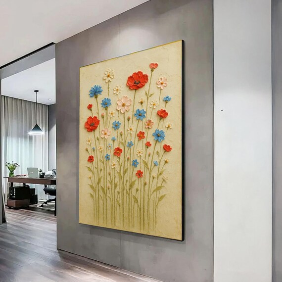 Colorful Wildflowers Textured Impasto Floral Bouquet Spring Wall Art