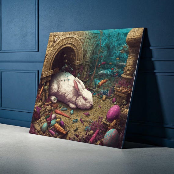 Surreal Underwater Ruins With Giant Rabbit Fantasy Canvas Wall Art Mystical Ocean Scene Unique Home Decoration Ready To Hang Decor
