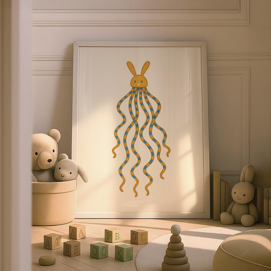 Cute Orange Octopus Bunny Ears Kids Nursery Whimsical Animal Art Poster