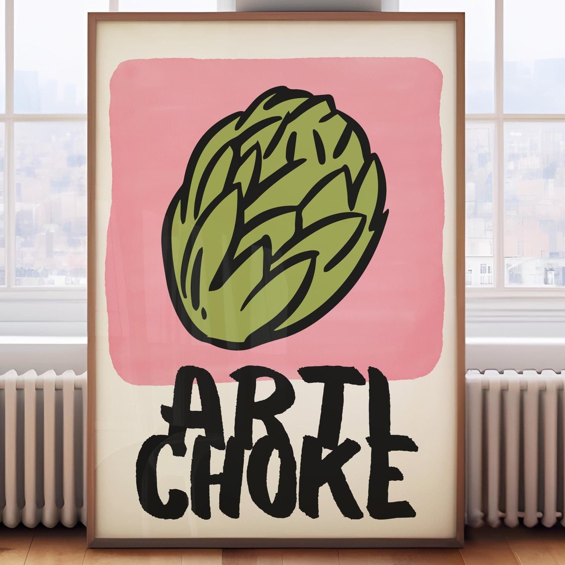 Cheerful Green Artichoke Poster with Bold Black Lettering on Pink - Image 2