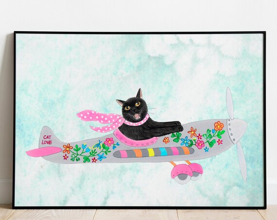 Black Cat Art Print, Nursery Wall Decor