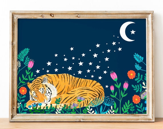 Tiger and Stars Art Print, Nursery Wall Decor
