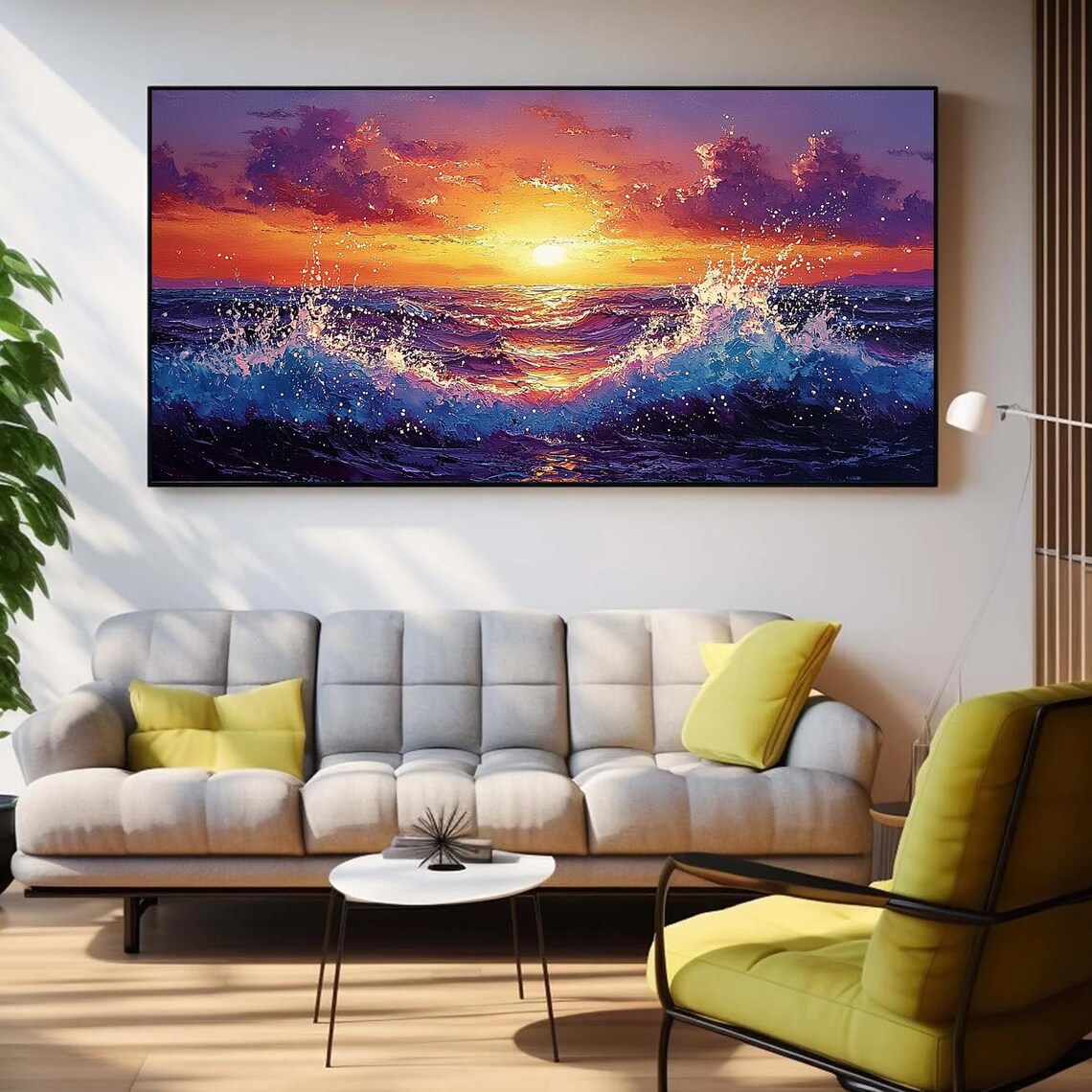 Purple Wave Sunset Seascape with Fiery Orange Sky Oil Poster - Image 6