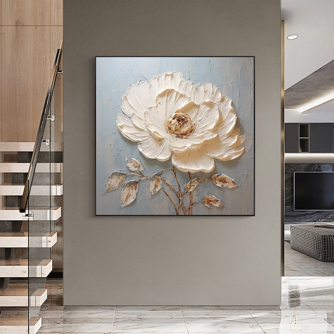 Single White Peony Flower Thick Impasto on Gray Blue Art Poster - Image 2