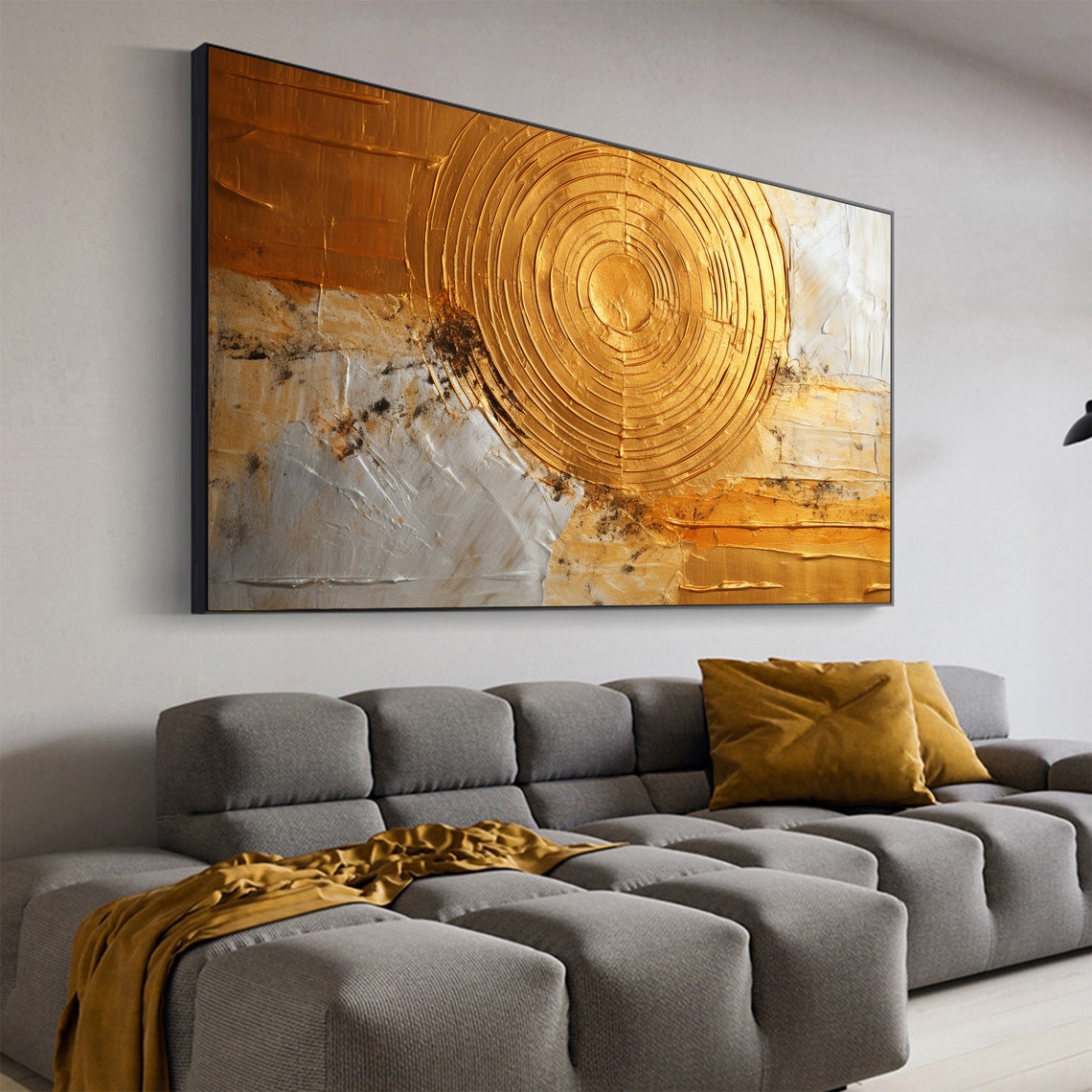 Gold Circle Sun Gray White Marble Textured Abstract Painting Poster - Image 6