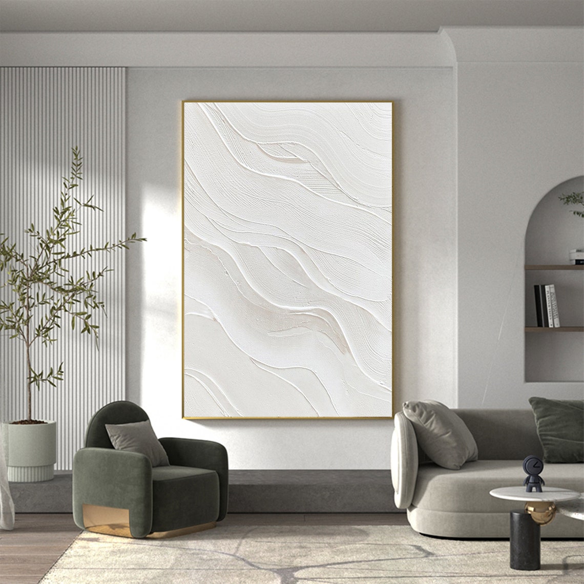 Minimalist All White Textured Wave Abstract Relief Oil Poster - Image 7