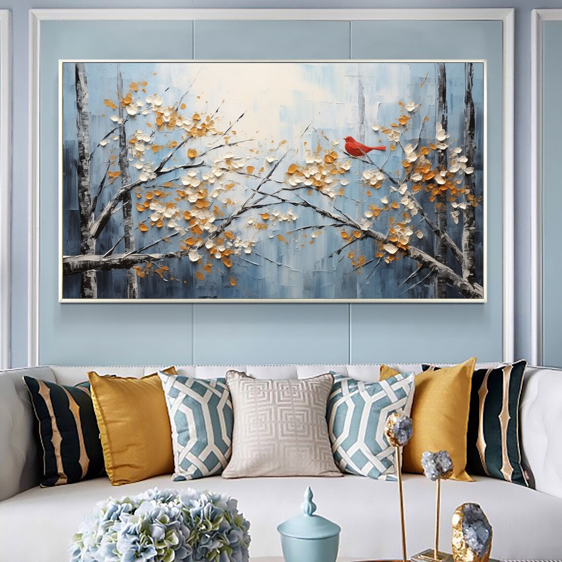 Red Bird Flowering Branches Blue Winter Floral Painting Poster - Image 3