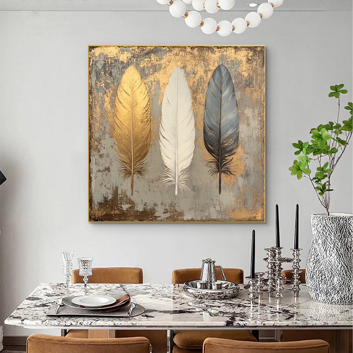 Three Gold White Gray Feathers Gold Leaf Oil Painting Poster - Image 4