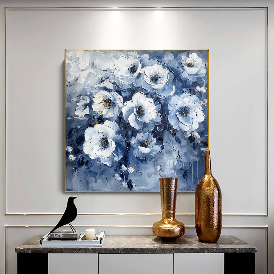 Elegant White Anemone Flowers on Deep Blue with Gold Speckle Poster - Image 2