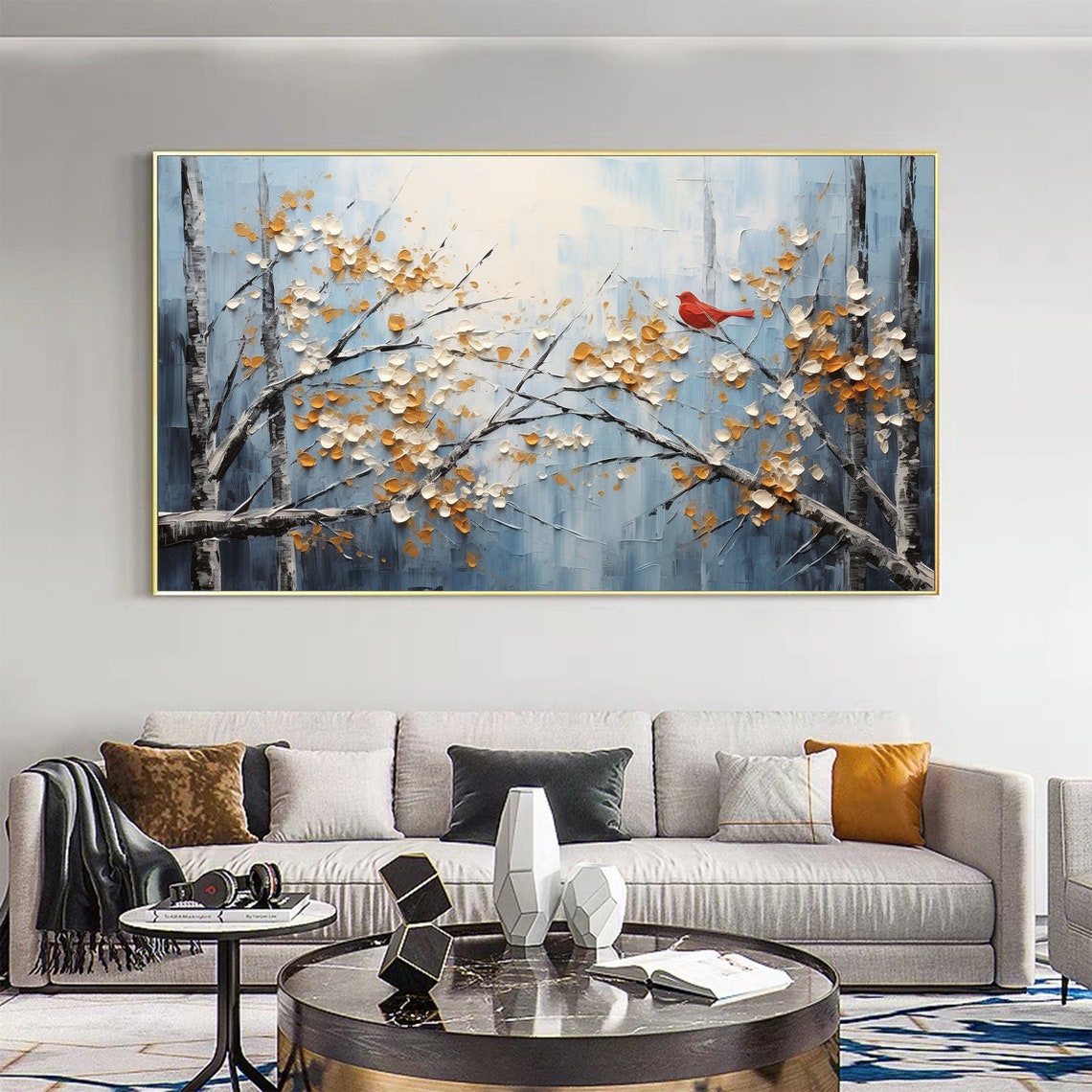Red Bird Flowering Branches Blue Winter Floral Painting Poster - Image 2