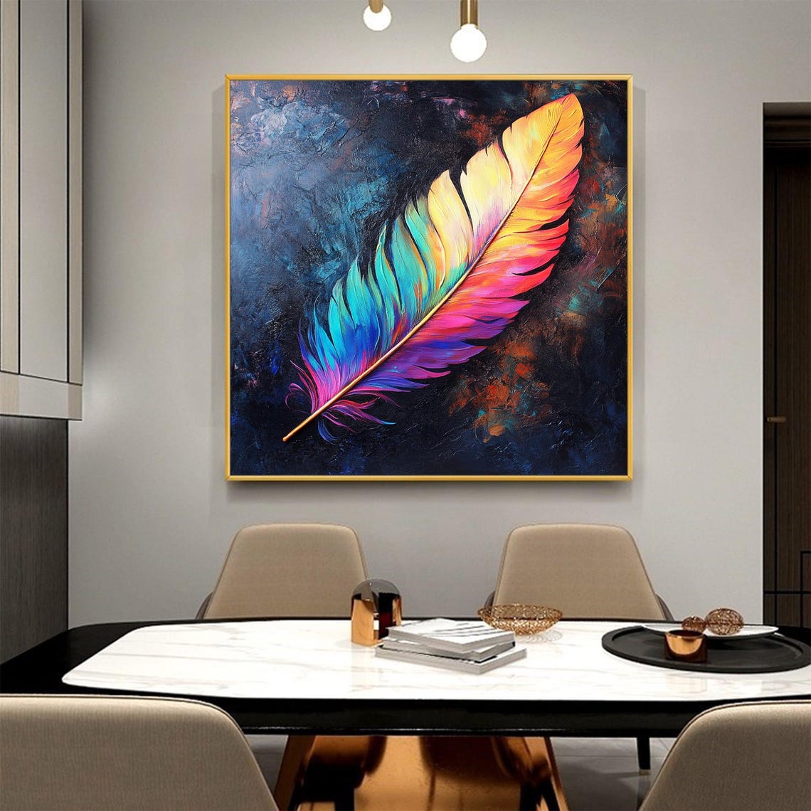 Vivid Rainbow Feather on Dark Navy Background Abstract Poster - Image 4