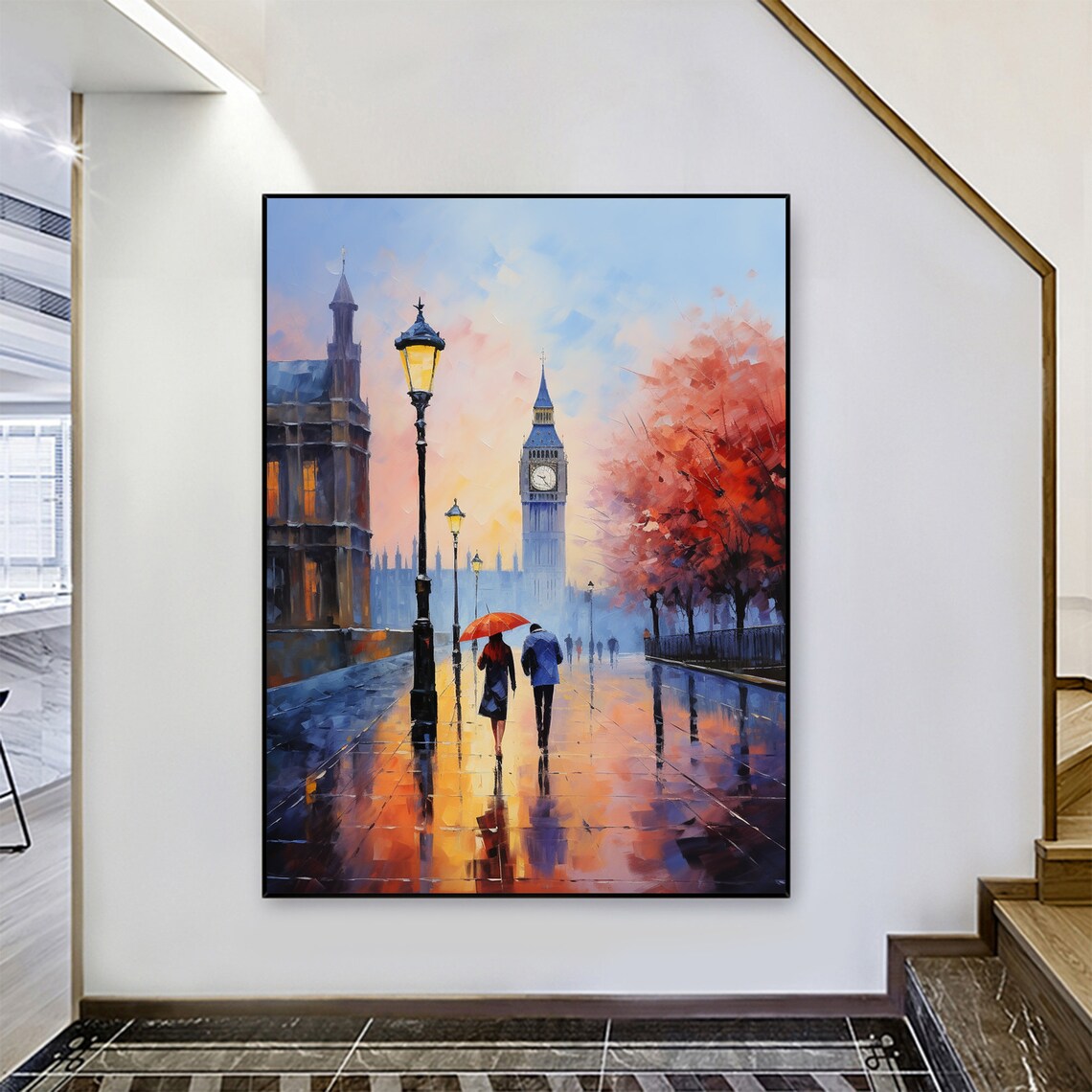 Evening London Promenade Big Ben Couple with Red Umbrella Poster - Image 3