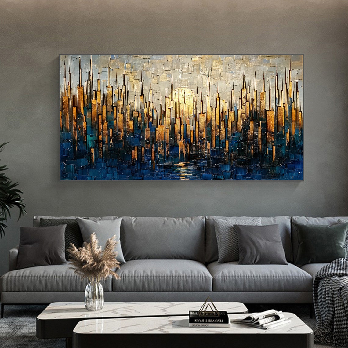 Golden City Towers at Dusk with Blue Water Reflection Poster - Image 3
