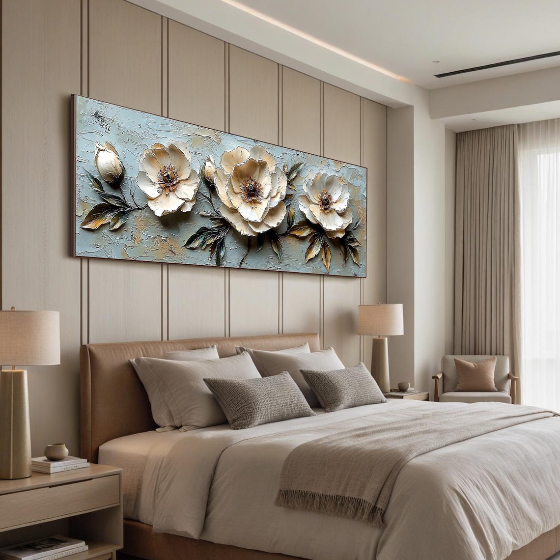 White Peonies Teal Panoramic Floral Sculpted 3D Flower Painting Poster - Image 3