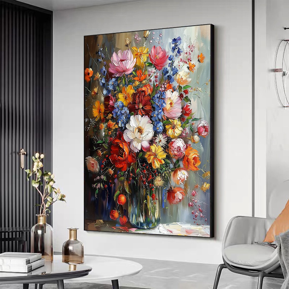 Colorful Flower Bouquet Glass Vase Vertical Oil Painting Poster - Image 5
