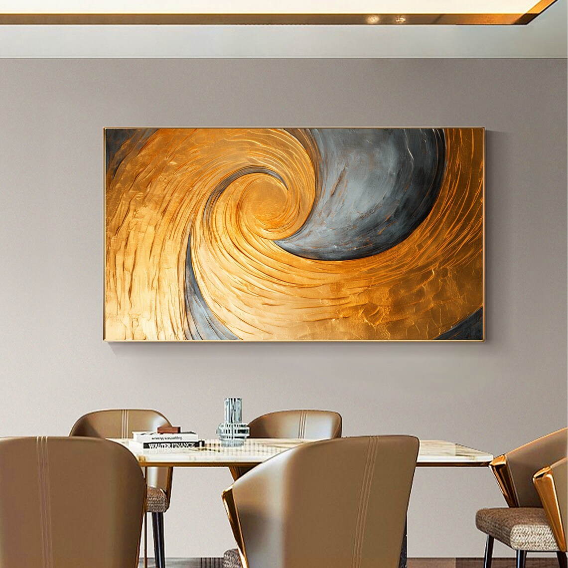 Gold and Black Spiral Swirl Abstract Texture Artwork Oil Poster - Image 2