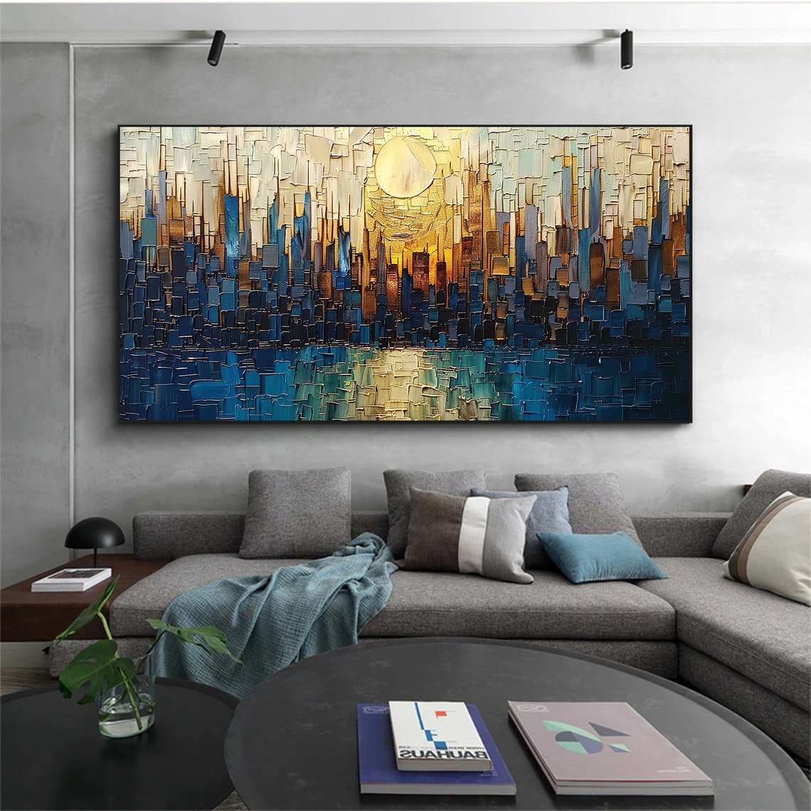 Mosaic Blue City Skyline with Golden Sun Thick Impasto Poster - Image 4